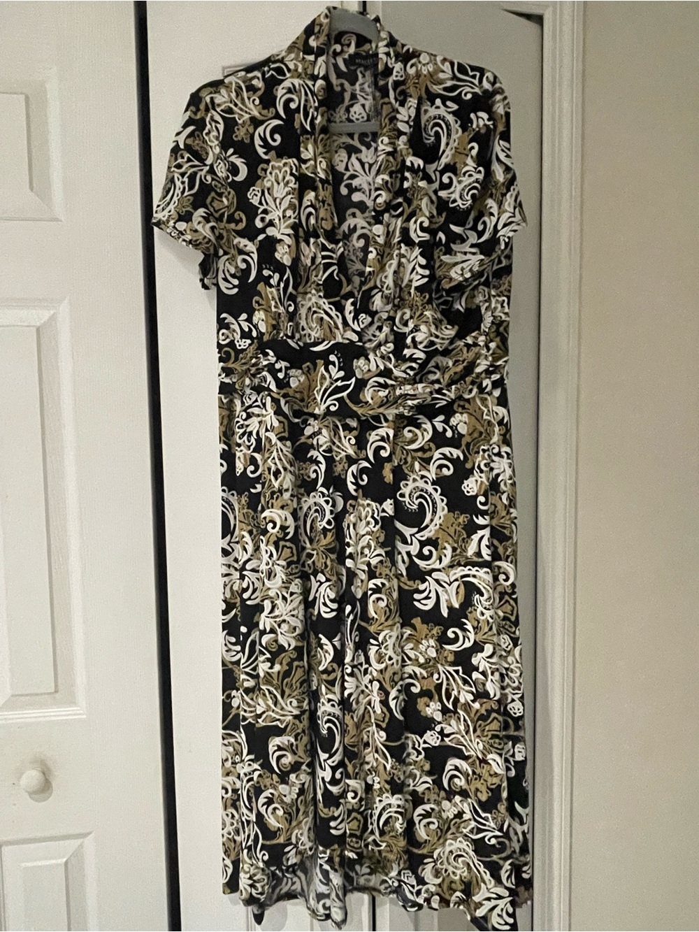 Perceptions Black Midi Dress with Gold and White Scroll Print